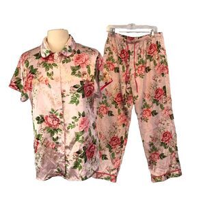 Adonna Womens Large Pink Floral Satin 2pc Pajamas, Top Pants, Cottage Rose, sz L